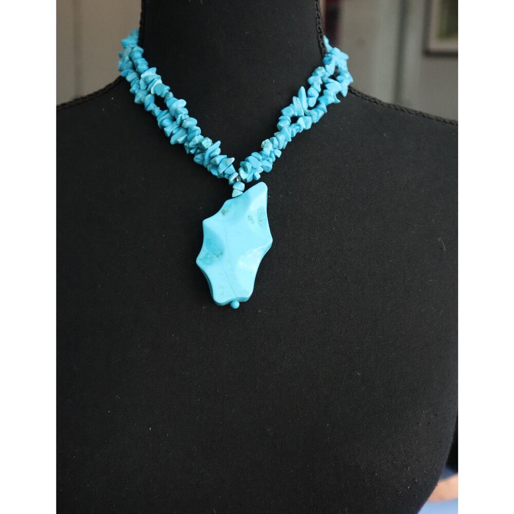 Vintage 90s Y2K Howlite Chip Nugget Beads Turquoise Stone Pendant Necklace Boho